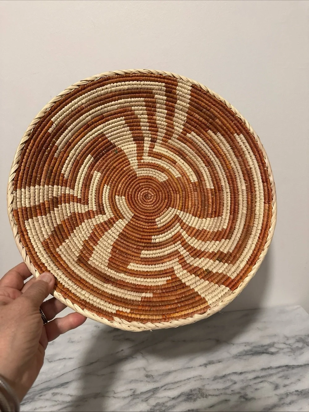Handwoven Decorative Wall Basket in Brown and Cream small weave vintage